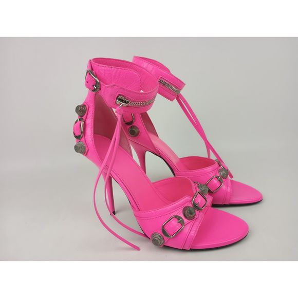 Balenciaga Women's Fluo Pink Cagole Leather Studded Sandals Size 38.5 - Picture 1 of 6